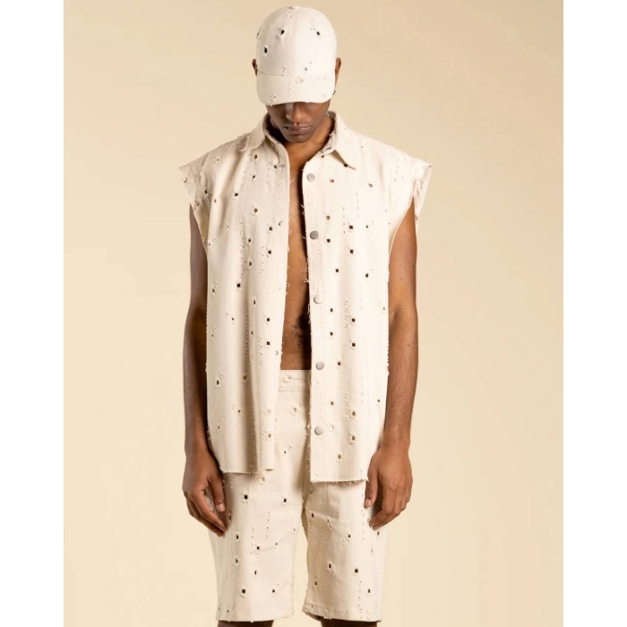 Camicia Smanicata in denim panna con rotture