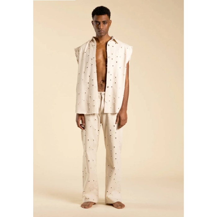 Camicia Smanicata in denim panna con rotture