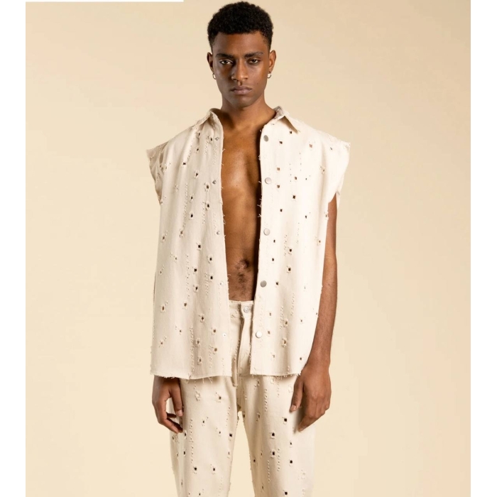 Camicia Smanicata in denim panna con rotture